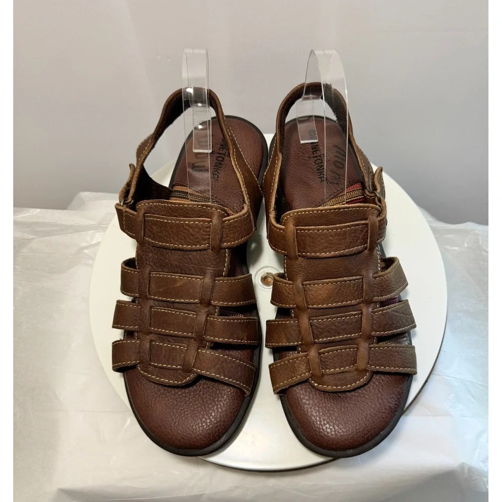 Minnetonka Sandals Shoes Mens Size 11WW Brown Leather Fisherman Hook Loop Casual